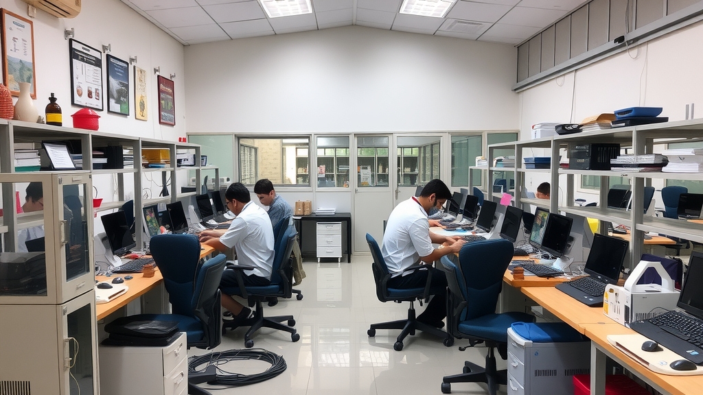 electronics factory office with ten workstations and staff by Free AI Image Generator & Maker - No login required✨ | AIGAZOU