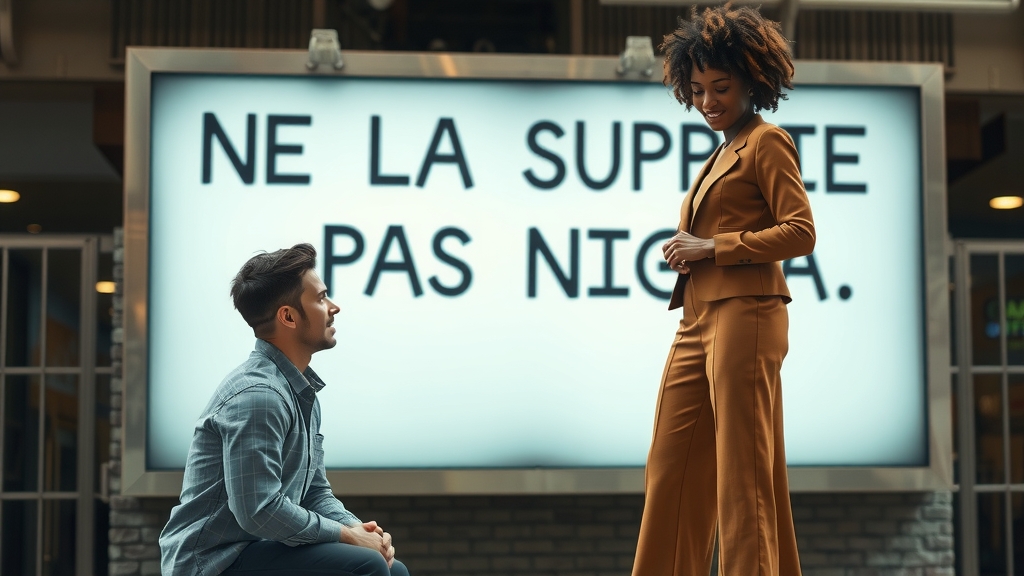 young man kneeling begging mocking african american woman modern voice billboard french words by Free AI Image Generator & Maker - No login required✨ | AIGAZOU