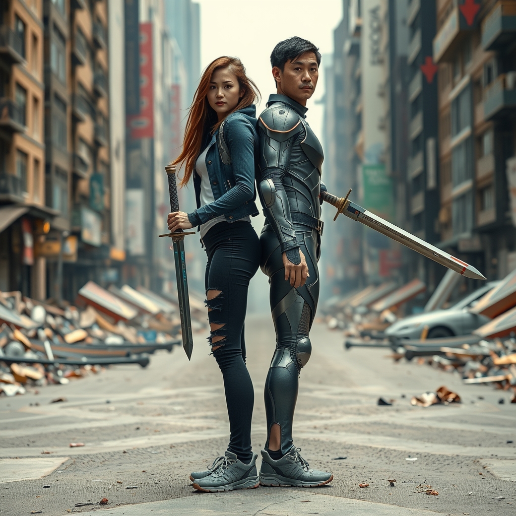 future warriors in ruined city with long swords by Free AI Image Generator & Maker - No login required✨ | AIGAZOU