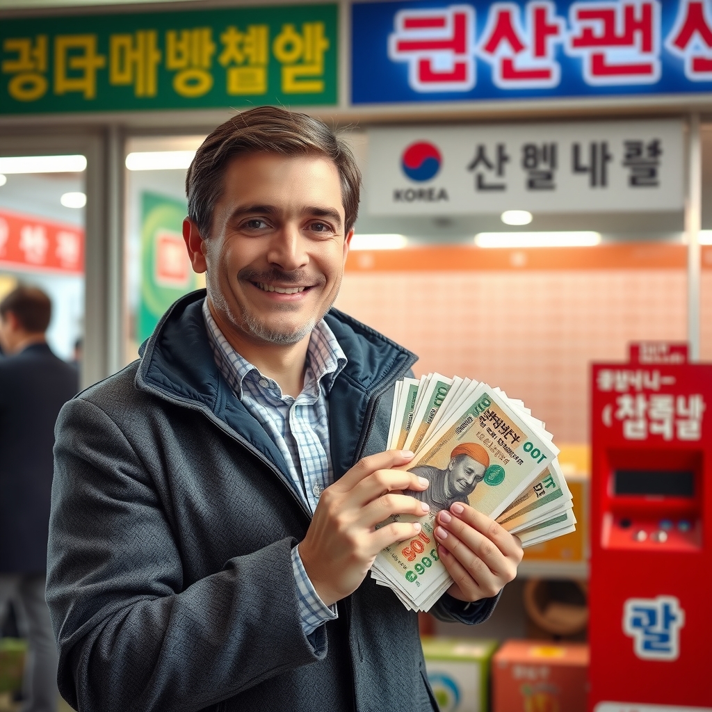 handsome european man wins lottery in korea by Free AI Image Generator & Maker - No login required✨ | AIGAZOU