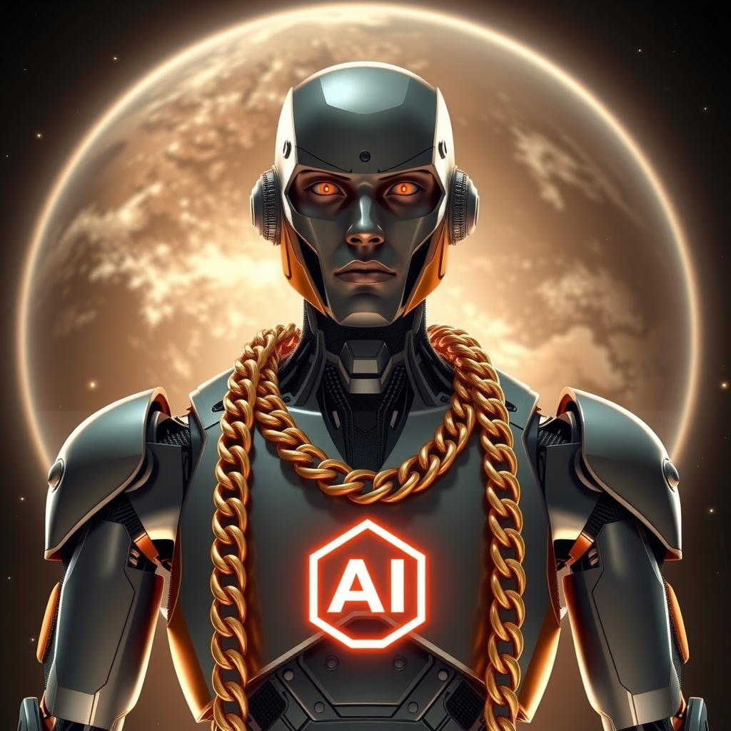 glowing planet background male robot with gold chain ai logo by Free AI Image Generator & Maker - No login required✨ | AIGAZOU