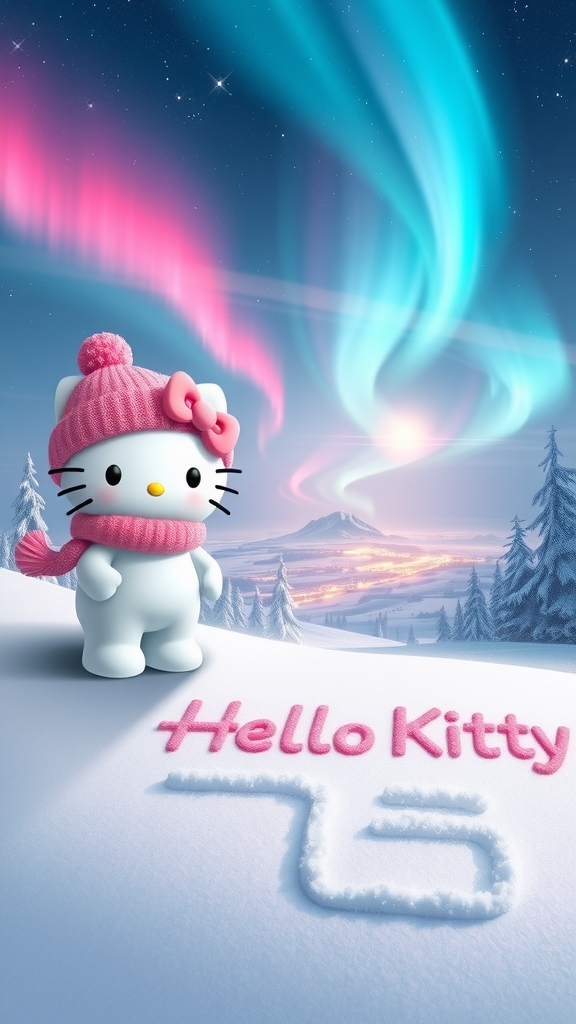 hello kitty winter scene northern lights by Free AI Image Generator & Maker - No login required✨ | AIGAZOU