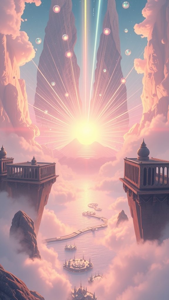 mystical serenity central heart glow warm light ethereal landscapes floating islands digital art pastel colors dreamlike peaceful atmosphere glow orbs by Free AI Image Generator & Maker - No login required✨ | AIGAZOU