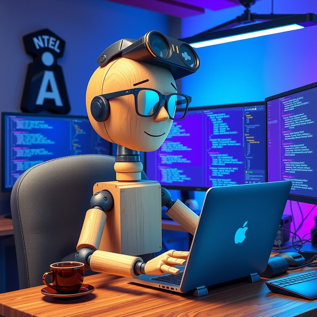 tech savvy wooden mannequin with futuristic glasses programming accessories by 免費AI圖像生成工具 AI製圖 | AIGAZOU