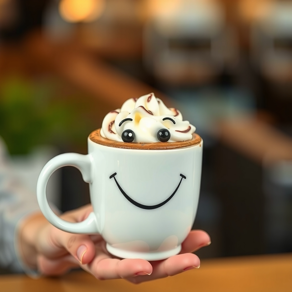 realistic happy face with coffee in hand creamy delicious chocolate by Free AI Image Generator & Maker - No login required✨ | AIGAZOU
