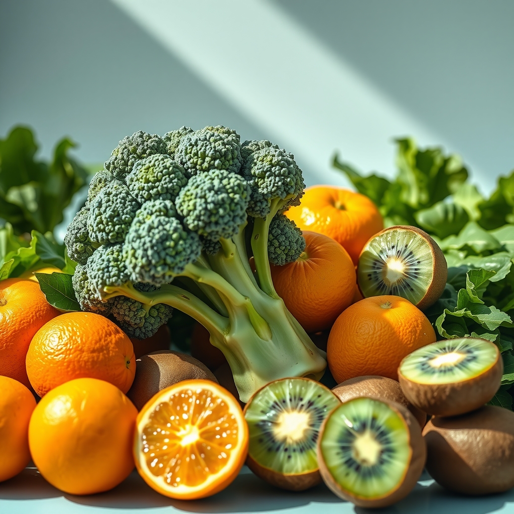 fresh broccoli tangerines kiwis vibrant still life by Free AI Image Generator & Maker - No login required✨ | AIGAZOU