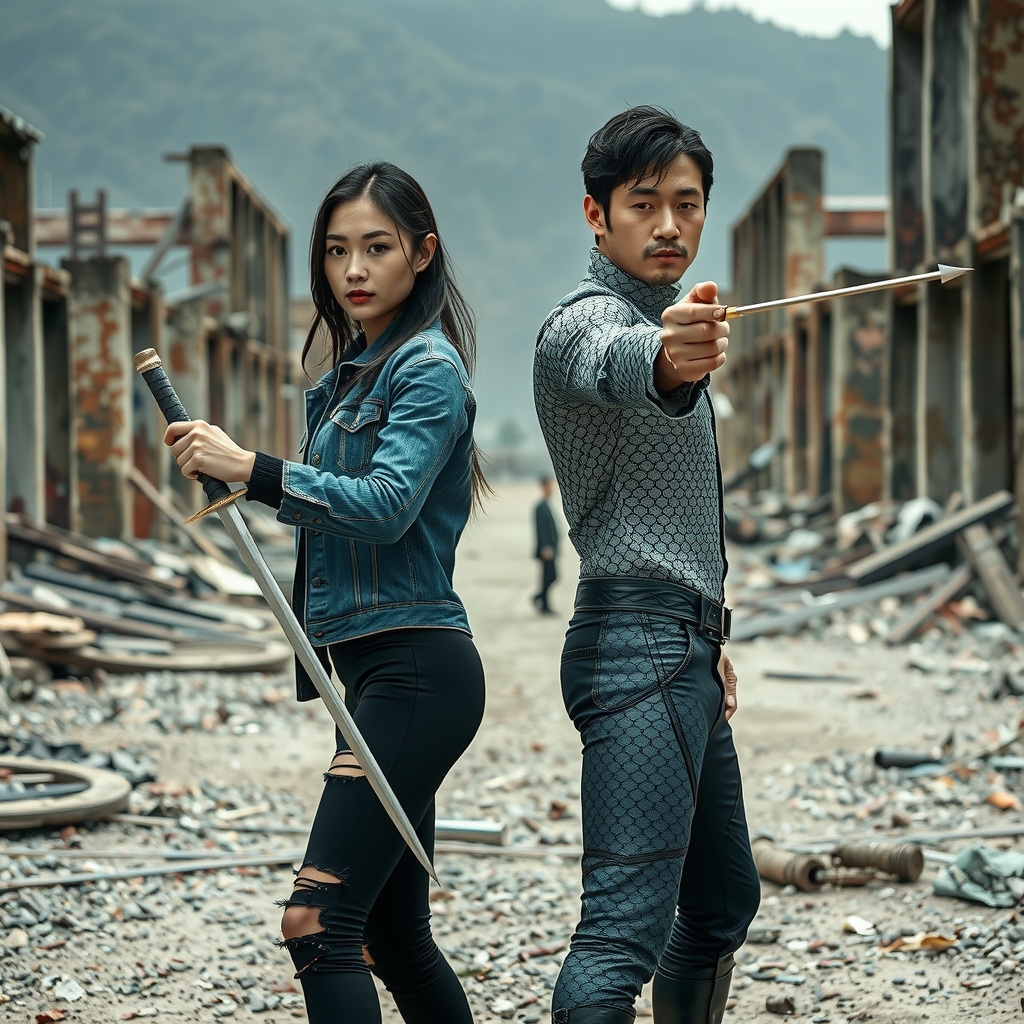 man and woman in ruins korean appearance attack stance by Free AI Image Generator & Maker - No login required✨ | AIGAZOU