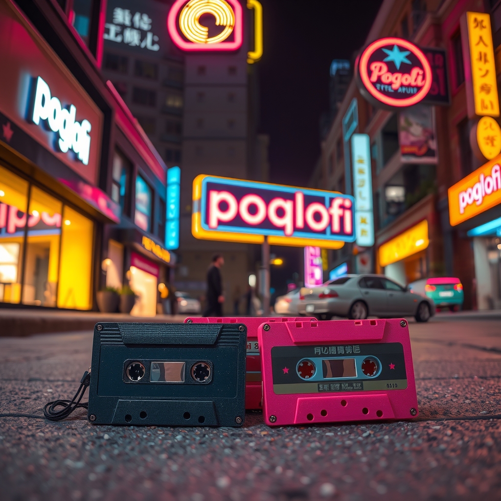 retro futuristic night urban scene neon signs cyberpunk aesthetic cassette tapes by Free AI Image Generator & Maker - No login required✨ | AIGAZOU