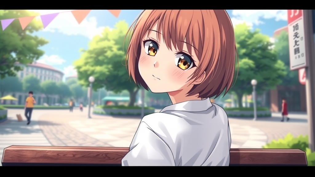 anime girl short hair smiling bench plaza trees white shirt by Free AI Image Generator & Maker - No login required✨ | AIGAZOU