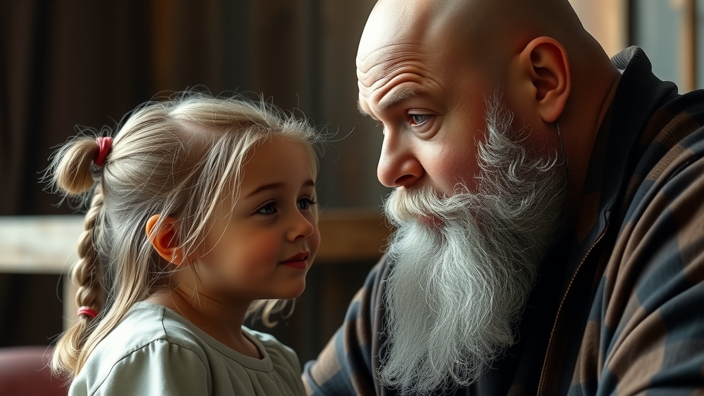 realistic image of seven year old girl talking to bald bearded man by Free AI Image Generator & Maker - No login required✨ | AIGAZOU