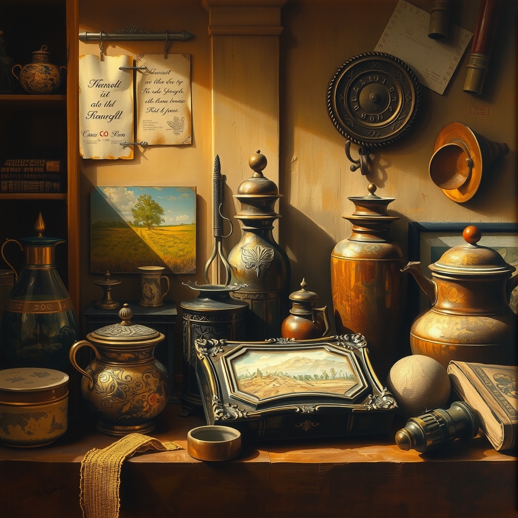 vintage scene old objects oil painting warm golden lighting by Free AI Image Generator & Maker - No login required✨ | AIGAZOU
