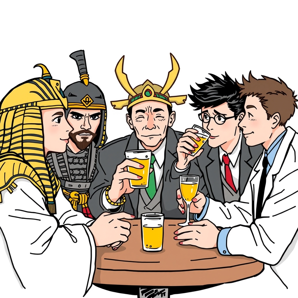 five people drinking one pharaoh one samurai one office worker one student one doctor by Free AI Image Generator & Maker - No login required✨ | AIGAZOU