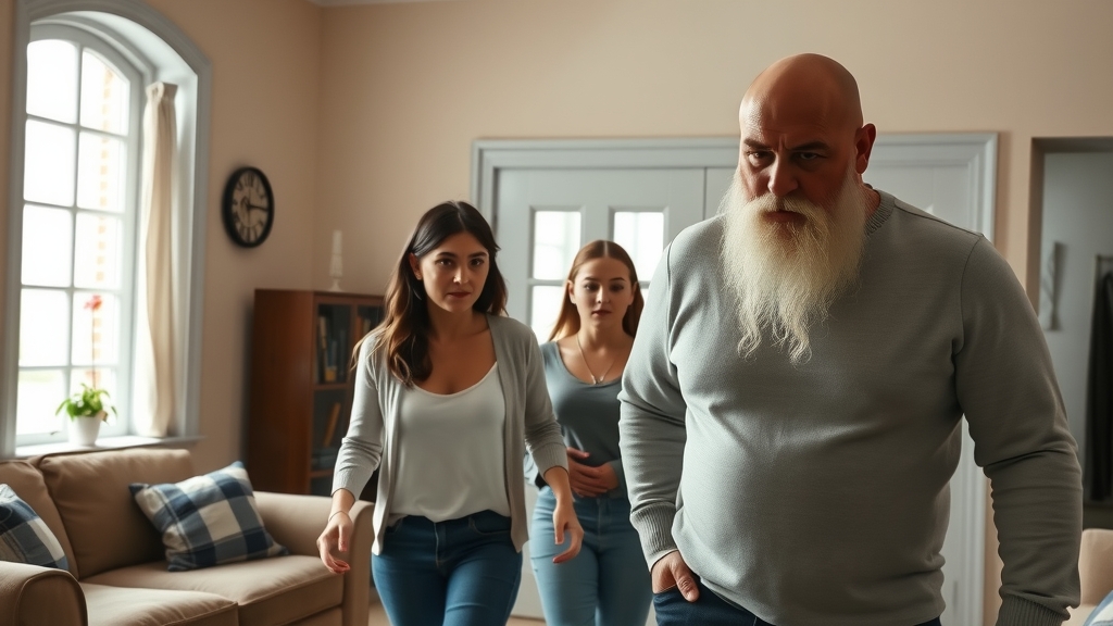 young couple scared walking through house with bald bearded man showing corner by Free AI Image Generator & Maker - No login required✨ | AIGAZOU