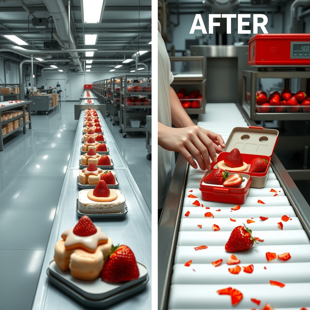 realistic food factory hygiene comparison clean vs dirty strawberry shortcakes conveyor belt by Free AI Image Generator & Maker - No login required✨ | AIGAZOU