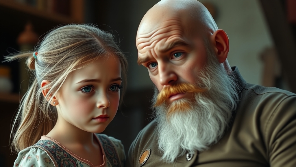 realistic image of a seven year old girl looking tearful talking to a bald bearded man by Free AI Image Generator & Maker - No login required✨ | AIGAZOU