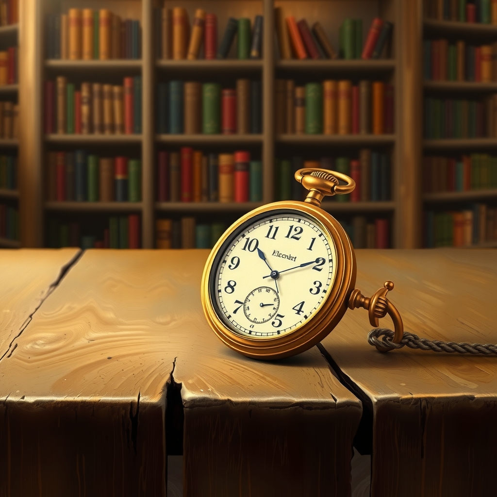 digital oil painting antique golden pocket watch weathered wooden table warm lighting vintage library background by Free AI Image Generator & Maker - No login required✨ | AIGAZOU