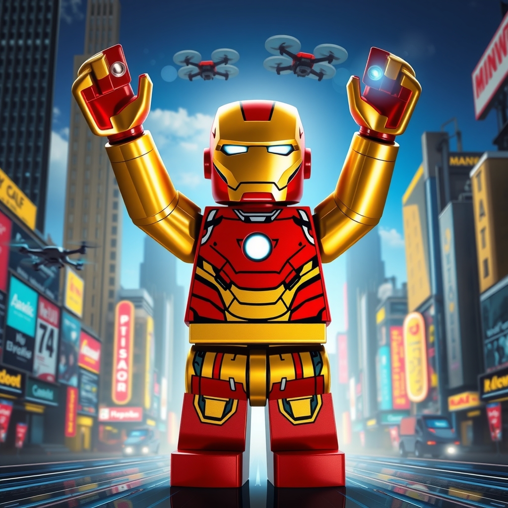 lego iron man in futuristic cityscape by Free AI Image Generator & Maker - No login required✨ | AIGAZOU