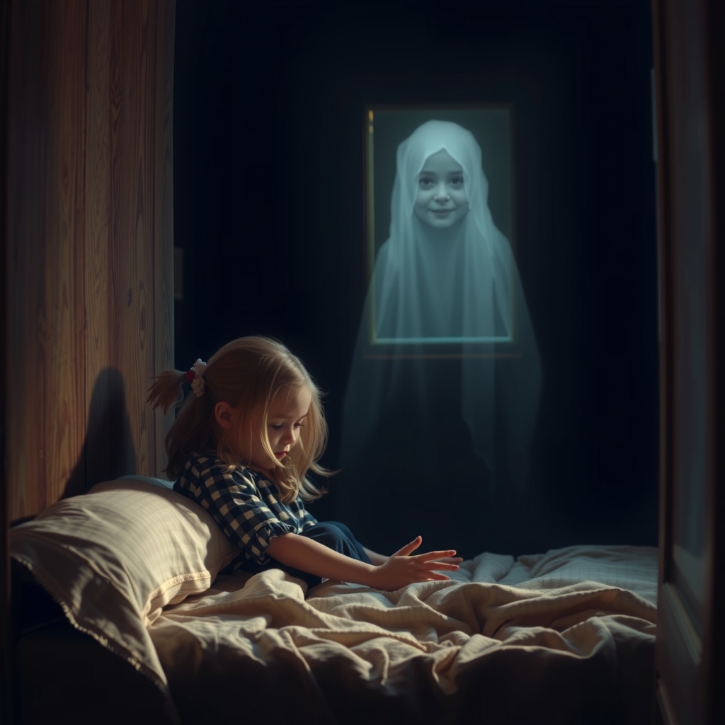 realistic image of seven year old girl seeing ghost boy in dark room by Free AI Image Generator & Maker - No login required✨ | AIGAZOU