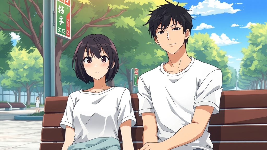 a man with black hair and white shirt sitting on a bench next to a beautiful short black haired girl by Free AI Image Generator & Maker - No login required✨ | AIGAZOU