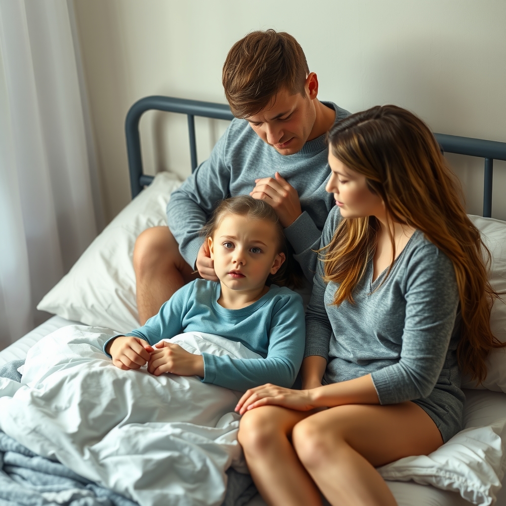 realistic image young couple sitting concerned girls bed asking questions by Free AI Image Generator & Maker - No login required✨ | AIGAZOU