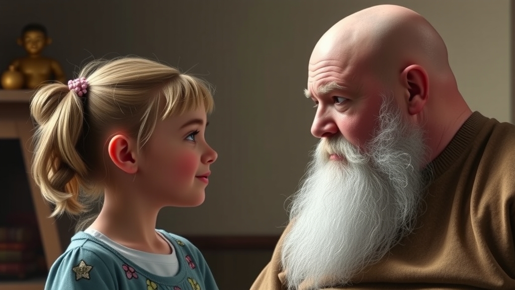 realistic image of seven year old girl talking to bald bearded man by Free AI Image Generator & Maker - No login required✨ | AIGAZOU