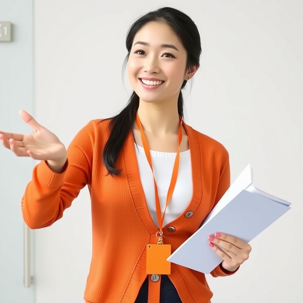 korean female worker in orange cardigan with id badge smiling and explaining by Free AI Image Generator & Maker - No login required✨ | AIGAZOU