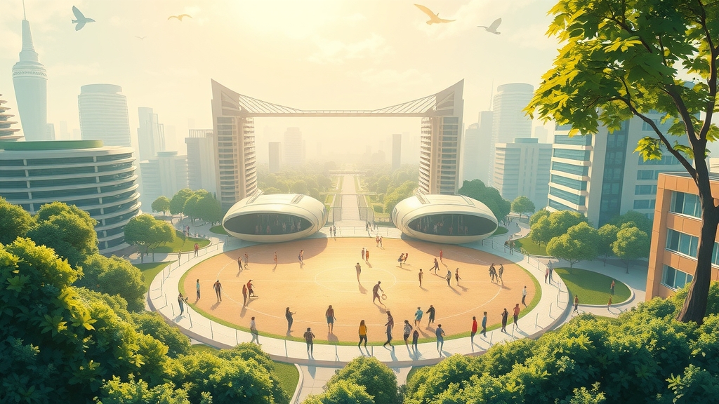 utopian city nature parks sports sunlight peace lively digital art green blue futuristic eco friendly buildings magic joy harmony by Free AI Image Generator & Maker - No login required✨ | AIGAZOU