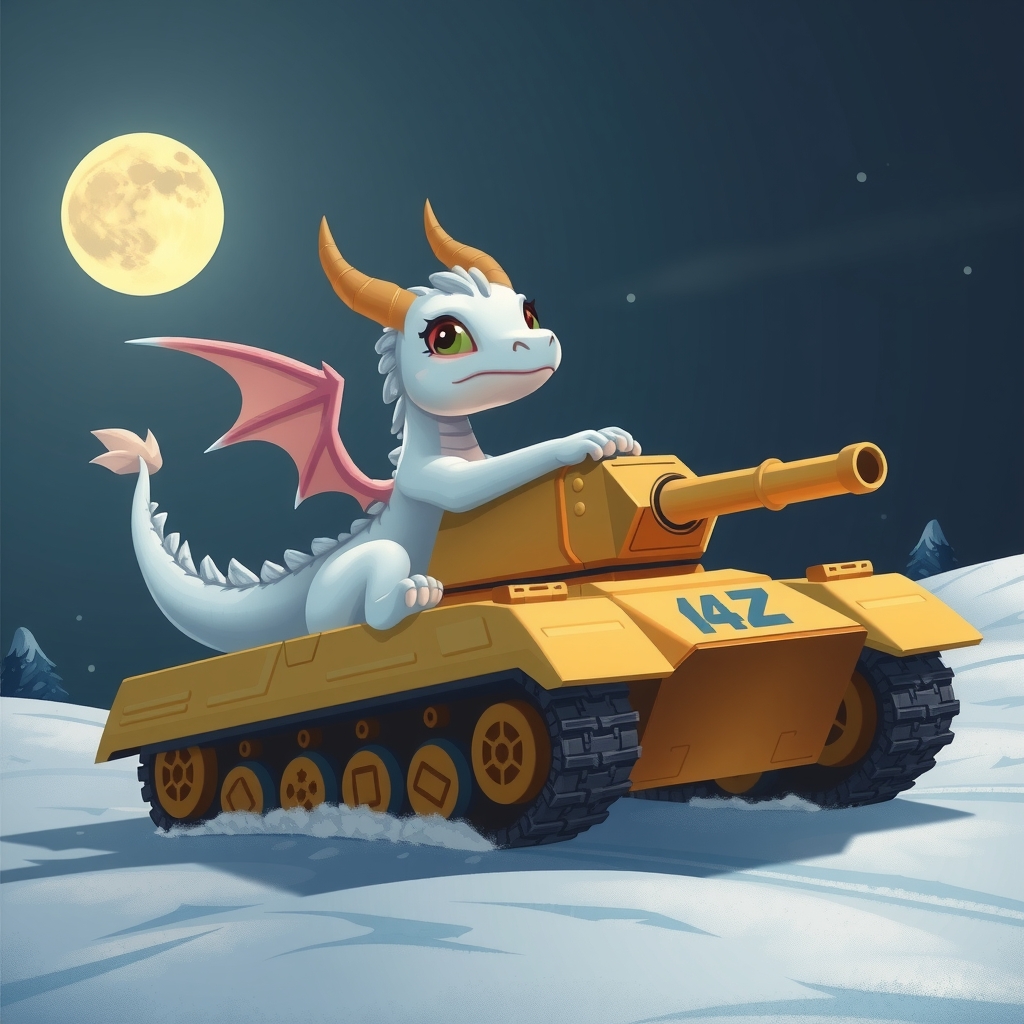 cute white dragon driving golden tank painted 14z moonlit snowfield by Free AI Image Generator & Maker - No login required✨ | AIGAZOU