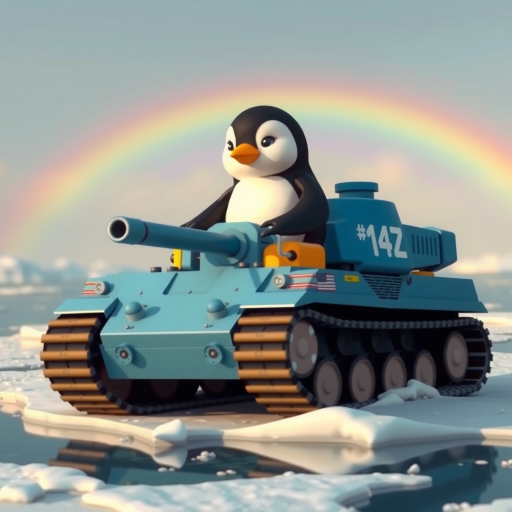 cute emperor penguin driving blue tank 14z on ice rainbow by Free AI Image Generator & Maker - No login required✨ | AIGAZOU