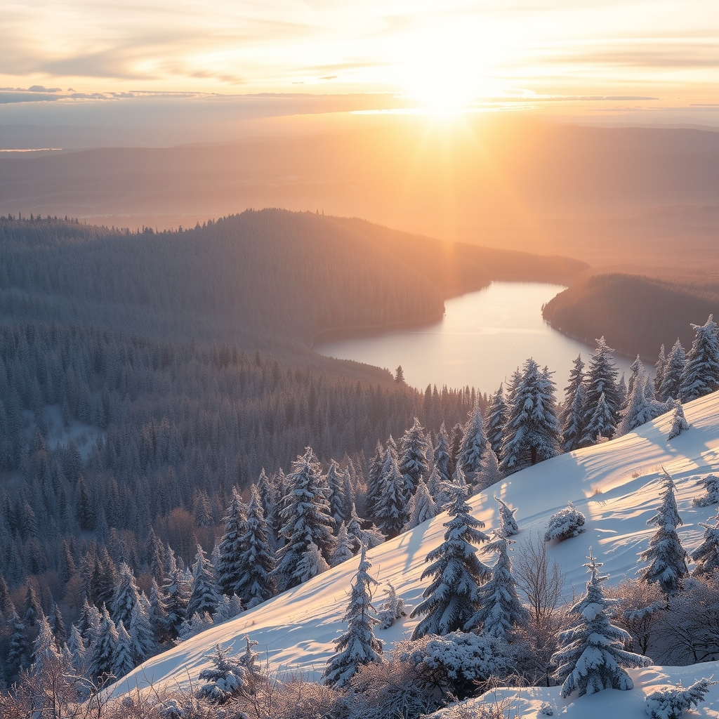 snowy hills forest lake sunrise snowing good morning by Free AI Image Generator & Maker - No login required✨ | AIGAZOU