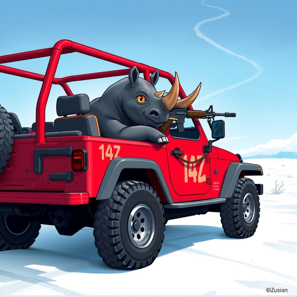 cute black rhino driving red jeep with 14z paint assault rifle snow field blue sky by Free AI Image Generator & Maker - No login required✨ | AIGAZOU