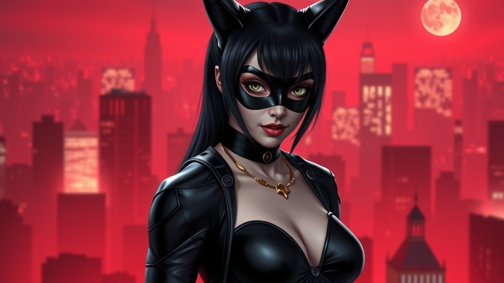 catwoman black hair green eyes black leather clothes gothic city red background by Free AI Image Generator & Maker - No login required✨ | AIGAZOU