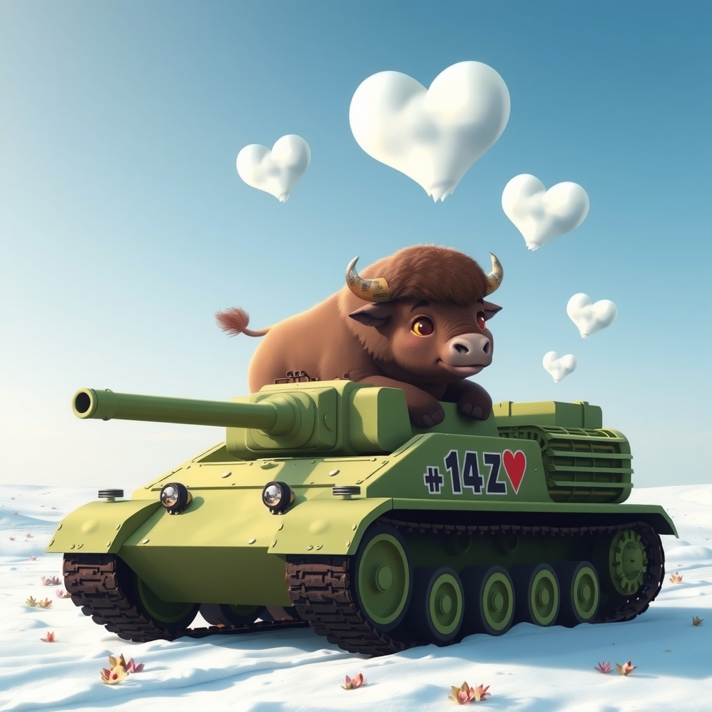 cute buffalo driving green tank with 14z paint heart shaped cloud snowfield by Free AI Image Generator & Maker - No login required✨ | AIGAZOU