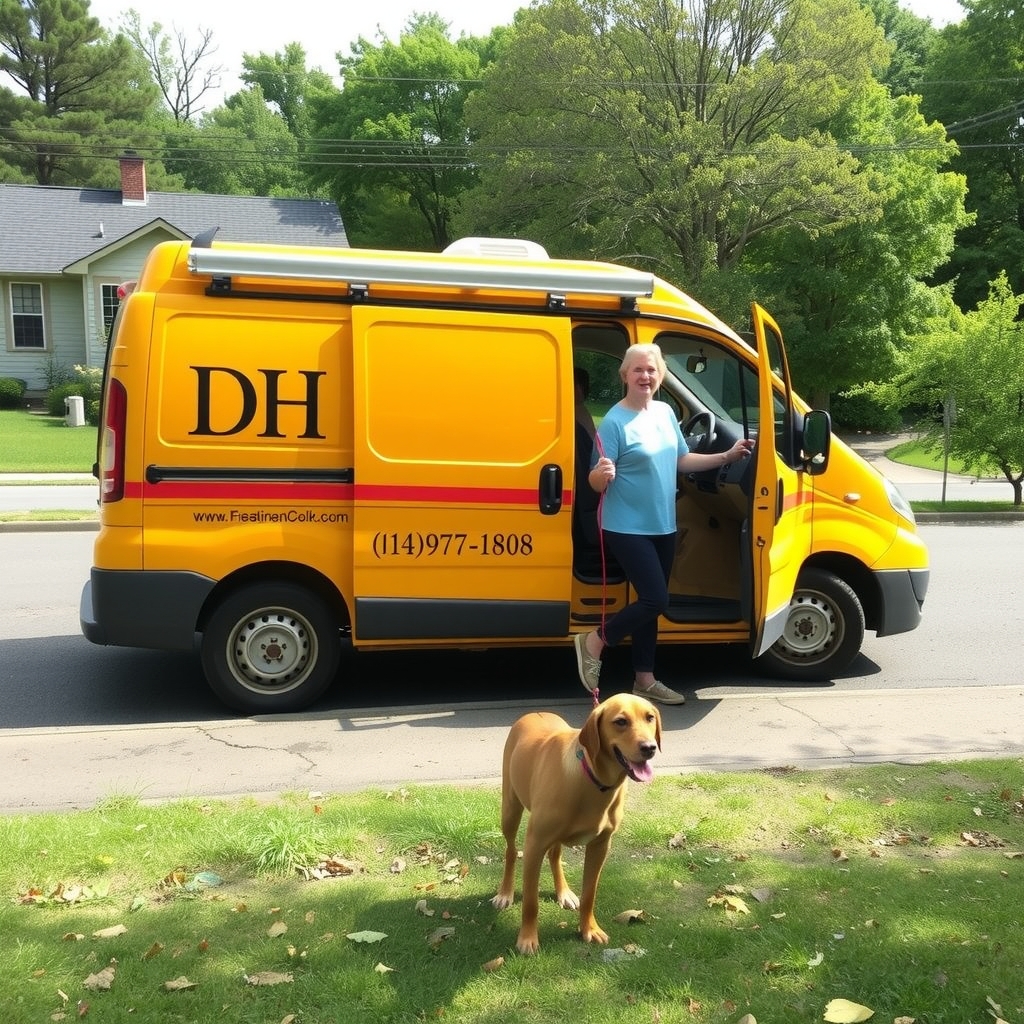 check yellow dh van going to gavilla with dog by Free AI Image Generator & Maker - No login required✨ | AIGAZOU