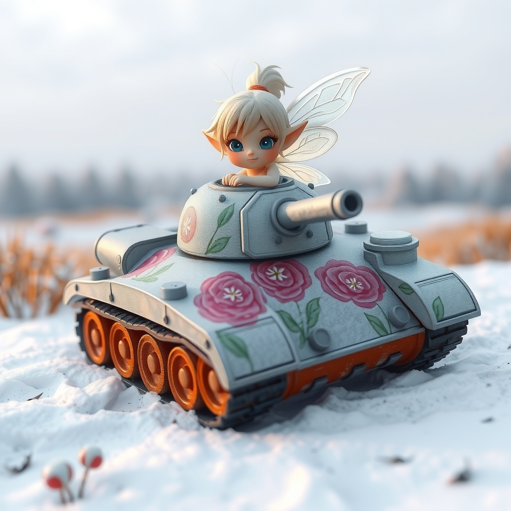 cute fairy piloting floral tank with 14z paint in snowfield by Free AI Image Generator & Maker - No login required✨ | AIGAZOU