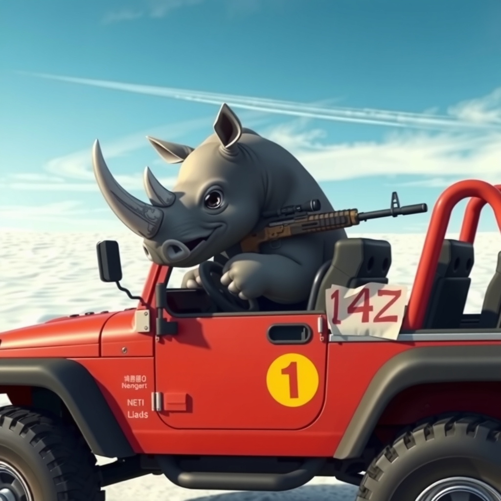 cute black rhino driving red jeep 14z assault rifle snow field blue sky by Free AI Image Generator & Maker - No login required✨ | AIGAZOU