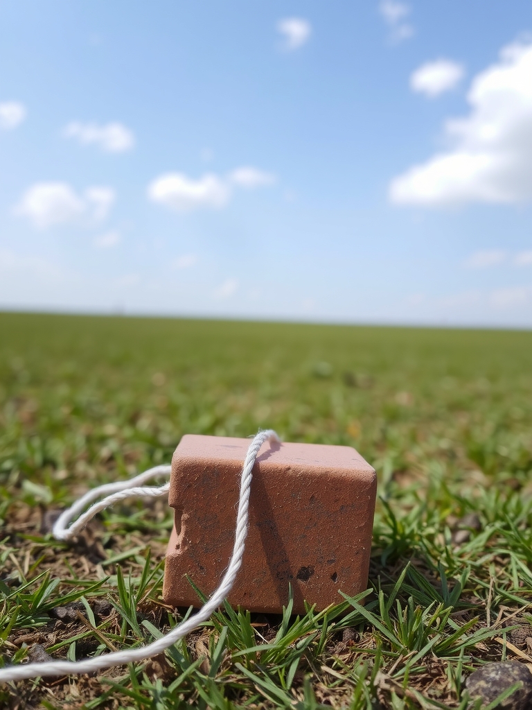 a single brick with a torn thin string attached lies on grass under a clear sky by Free AI Image Generator & Maker - No login required✨ | AIGAZOU