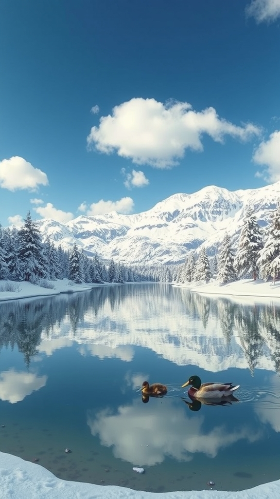 serene winter alps snow lake reflection skiing ducks by Free AI Image Generator & Maker - No login required✨ | AIGAZOU