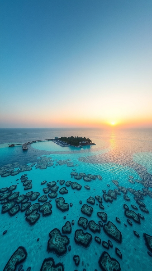 maldives beautiful island coral reefs turquoise sea clear water small resort horizon sunset by Free AI Image Generator & Maker - No login required✨ | AIGAZOU