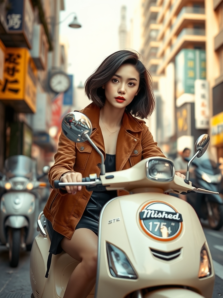 25 year old hong kong woman on vintage scooter by Free AI Image Generator & Maker - No login required✨ | AIGAZOU