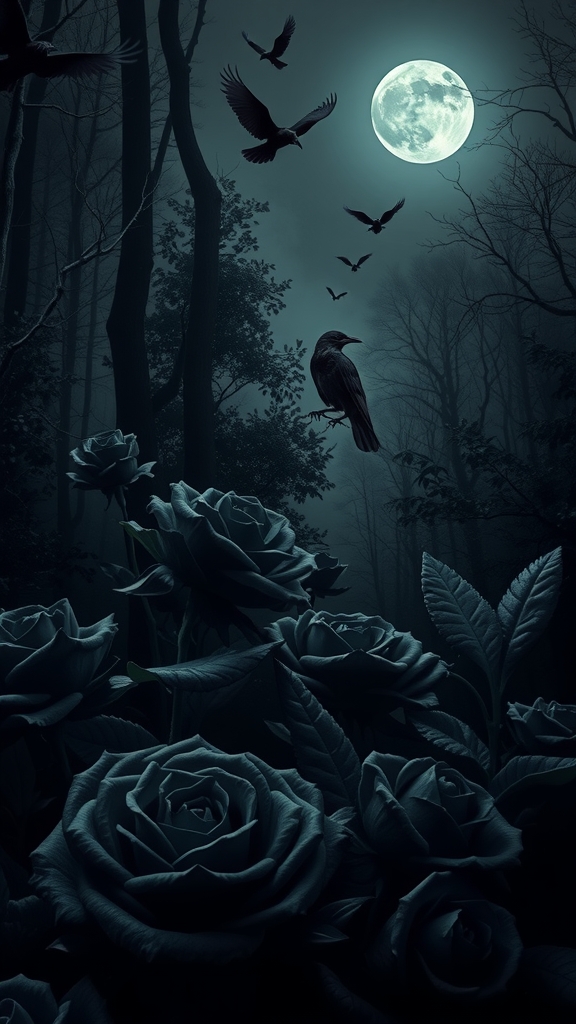 dark forest black roses bats crows night moon shines by Free AI Image Generator & Maker - No login required✨ | AIGAZOU