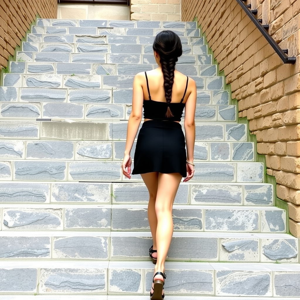 young woman with long dark brown hair in a braid wearing a crop top miniskirt and sandals going down stone by Free AI Image Generator & Maker - No login required✨ | AIGAZOU