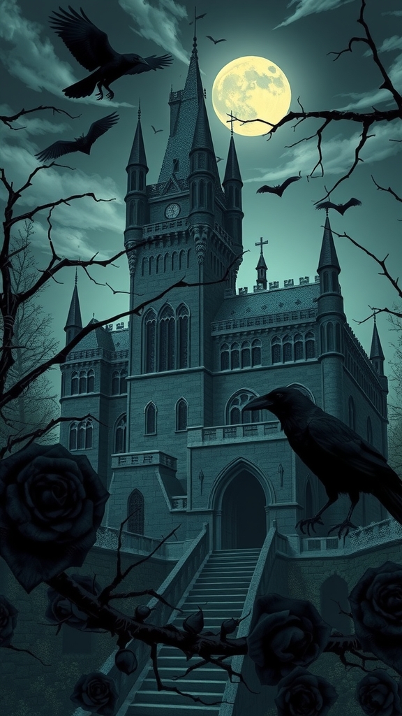 gothic castle surrounded by thorns black roses bats crows night moon shines by Free AI Image Generator & Maker - No login required✨ | AIGAZOU