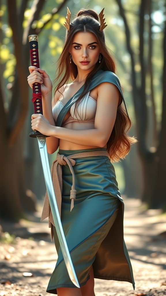 western model samurai girl glossy silk miniskirt katana bright forest by Free AI Image Generator & Maker - No login required✨ | AIGAZOU