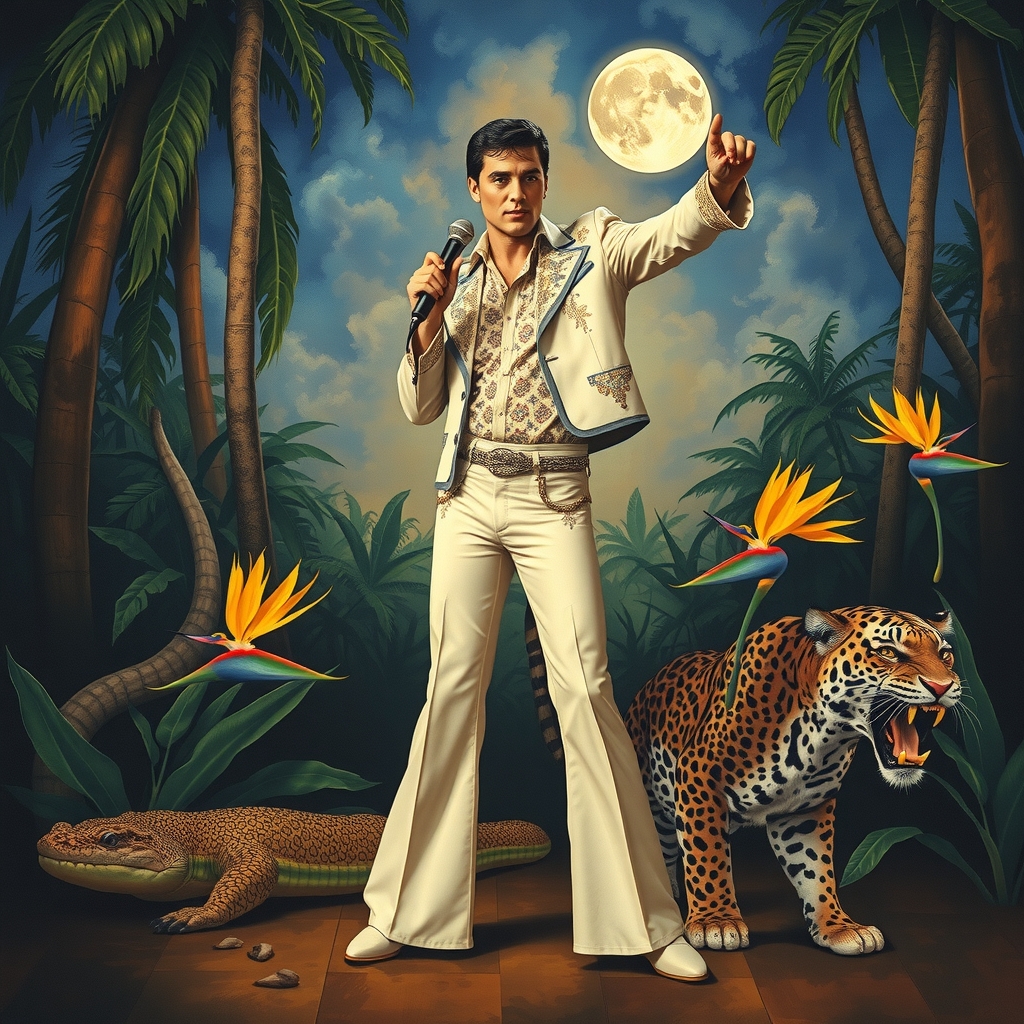 gustav klimt style elvis presley microphone jungle anaconda jaguar birds by Free AI Image Generator & Maker - No login required✨ | AIGAZOU