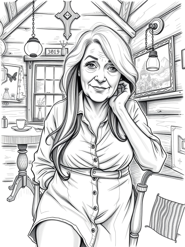 close up long brune hair granny cleavage shirt mini skirt dining charming log cabin 1900s pencil drawing sketch style sofa by Free AI Image Generator & Maker - No login required✨ | AIGAZOU