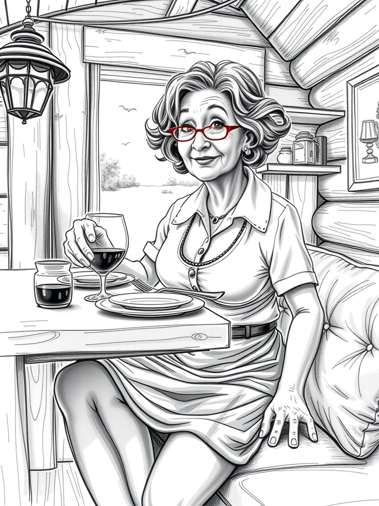 close up brunette granny cleavage shirt mini skirt dining log cabin 1900s pencil drawing sketch style by Free AI Image Generator & Maker - No login required✨ | AIGAZOU