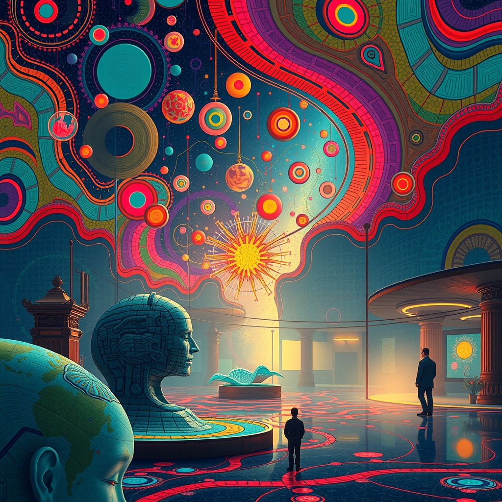 transcendence of consciousness in indigenous colors abstract lines mandelbrot like objects unknown life forms psychedelic mythical scenarios divine love unknown by Free AI Image Generator & Maker - No login required✨ | AIGAZOU