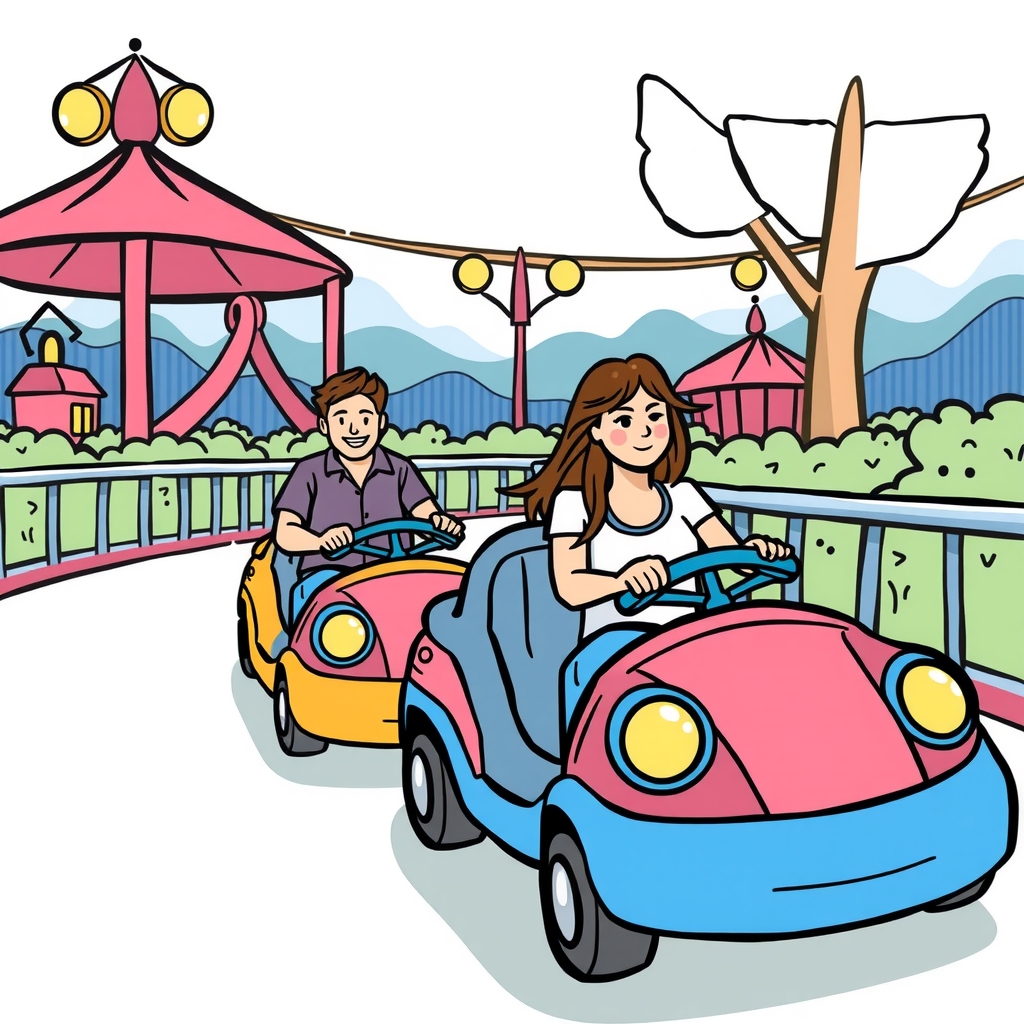 icon style drawing of couple riding mini car in amusement park by Free AI Image Generator & Maker - No login required✨ | AIGAZOU