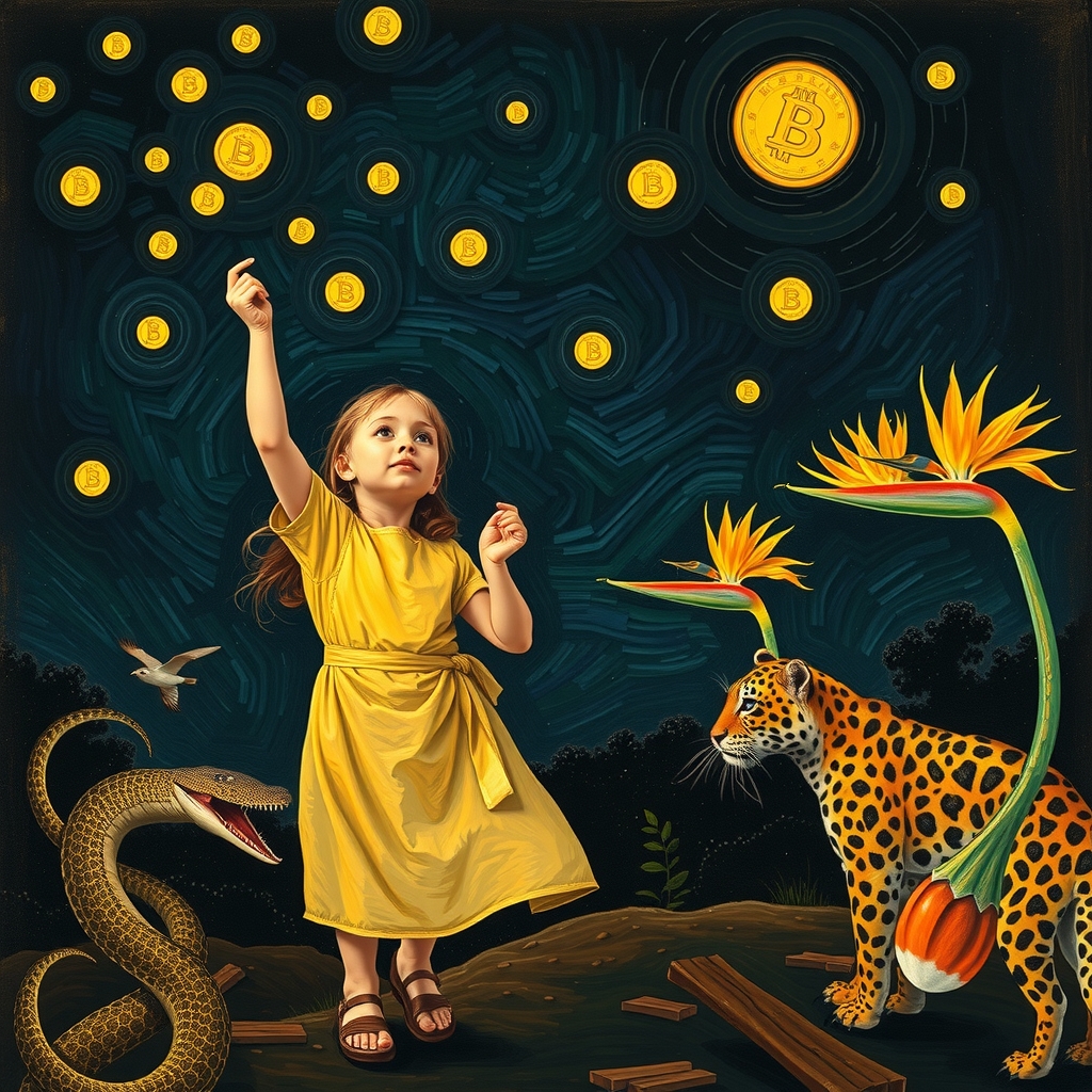 van gogh style golden girl catching stars with animals by Free AI Image Generator & Maker - No login required✨ | AIGAZOU